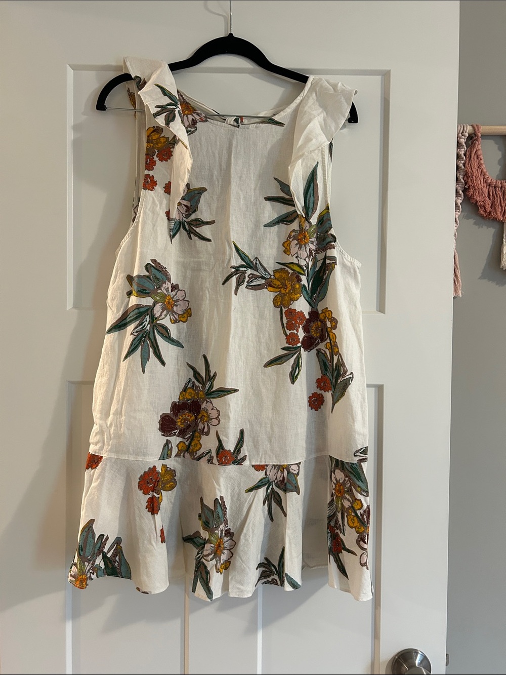 Free People White Floral Ruffle-Hem Sundress with Green & Yellow Accents